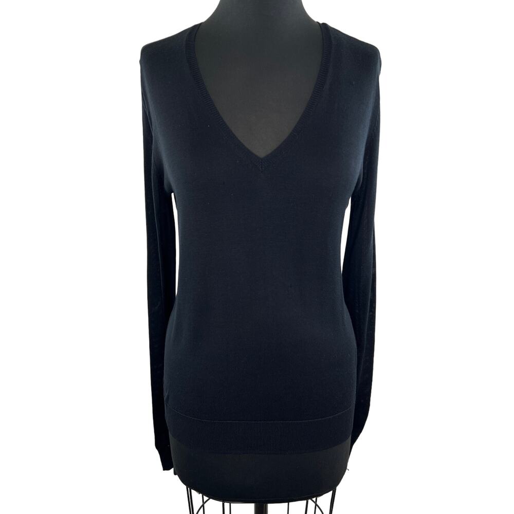Equipment Femme Black V-Neck Long Sleeve Women's Pullover Silk Sweater M Medium